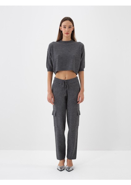Kadın Antrasit Doğal Yün Dokulu Regular Fit Pantolon