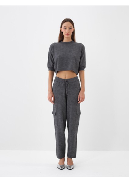 Kadın Antrasit Doğal Yün Dokulu Oversize Kazak