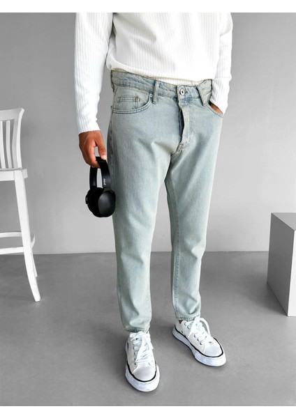 Erkek Boyfriend Fit %100 Pamuk Jean Pantolon Buz Mavi