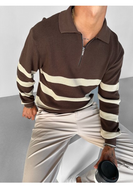 Erkek Oversize Desenli Yarım Fermuarlı Triko Kazak Kahverengi
