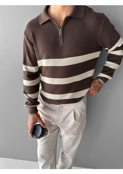 Erkek Oversize Desenli Yarım Fermuarlı Triko Kazak Kahverengi fiyatları