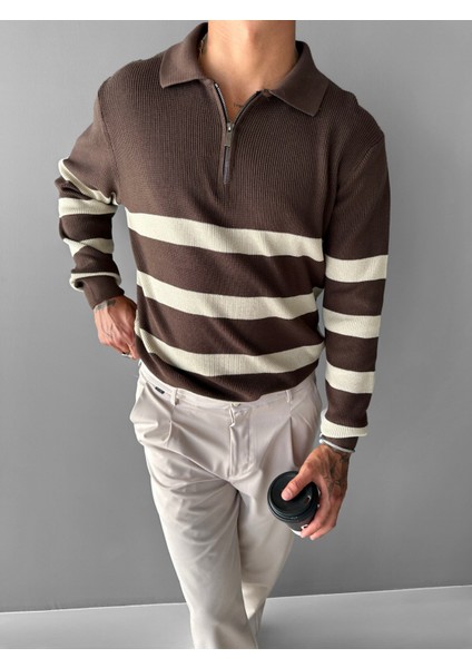 Erkek Oversize Desenli Yarım Fermuarlı Triko Kazak Kahverengi modelleri