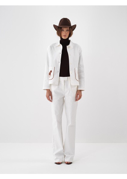 Kadın Ekru Pamuk Dokulu Oversize Pantolon