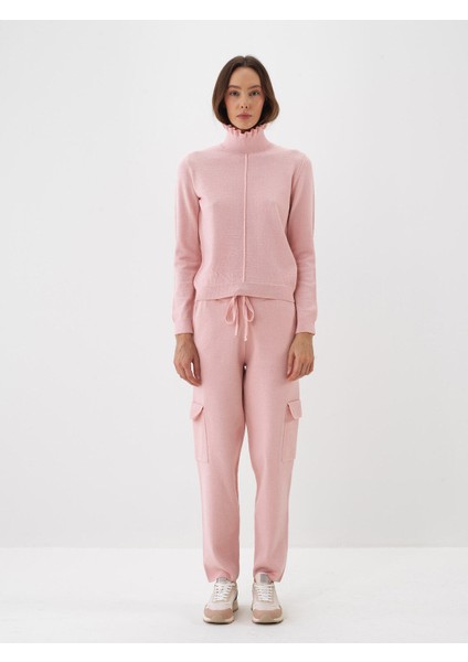 Kadın Pembe Doğal Yün Dokulu Slim Fit Kazak