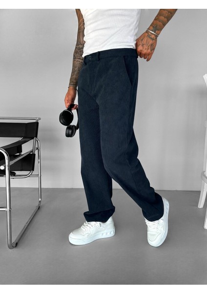 Erkek Baggy Fit Kadife Geniş Kalıp Bol Paça Pantolon Lacivert