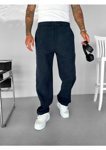 Erkek Baggy Fit Kadife Geniş Kalıp Bol Paça Pantolon Lacivert