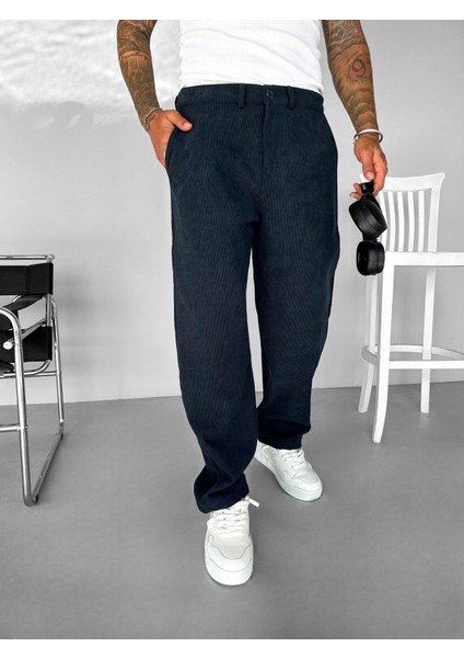 Erkek Baggy Fit Kadife Geniş Kalıp Bol Paça Pantolon Lacivert