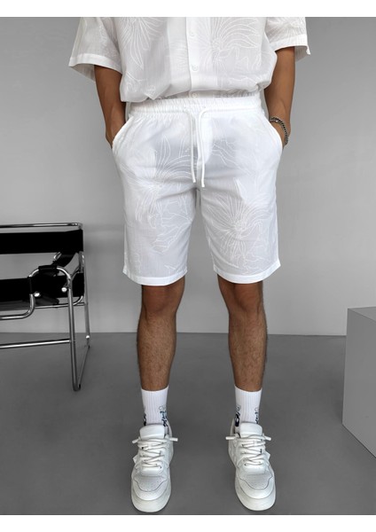 Erkek Baggy Fit Baskılı Şort Beyaz