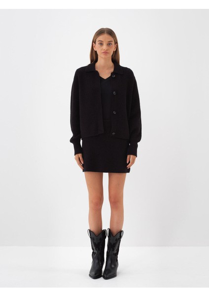 Kadın Siyah Doğal Yün Dokulu Oversize Ceket