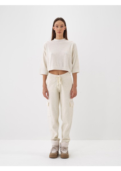 Kadın Ekru Doğal Yün Dokulu Regular Fit Pantolon