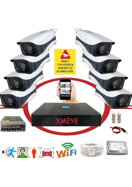8 Li Yapay Zeka Destekli Araç Yüz ve Insan Tanımalı Hareket Algılayan 5 Mp Lens 36 Ir LED Metal Kasa Güvenlik Kamera Seti 336
