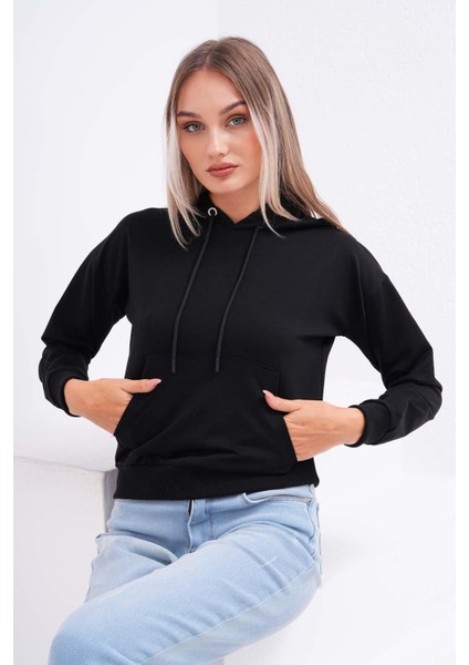 Kadın Kanguru Cepli Kapüşon Detaylı Iki Iplik Kısa Sweatshirt 245123 - fırsatları
