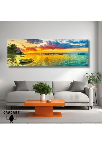 Uzun Panaromik Kanvas Tablo Turuncu Gökyüzü ve Sandal Manzara