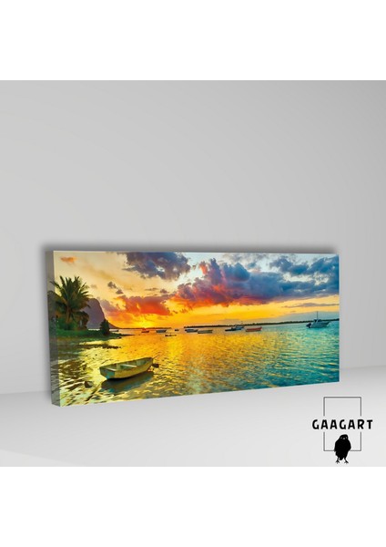 Uzun Panaromik Kanvas Tablo Turuncu Gökyüzü ve Sandal Manzara fiyatları