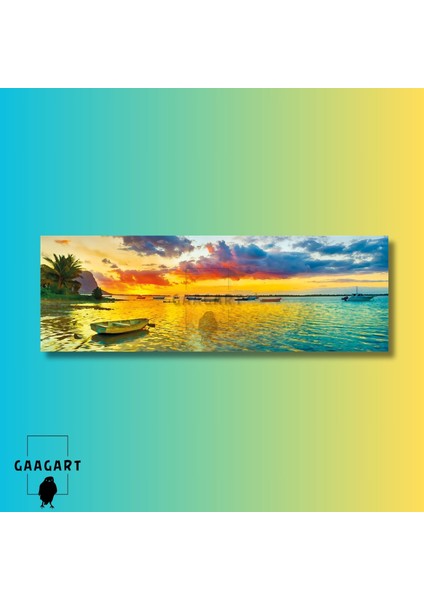 Uzun Panaromik Kanvas Tablo Turuncu Gökyüzü ve Sandal Manzara modelleri