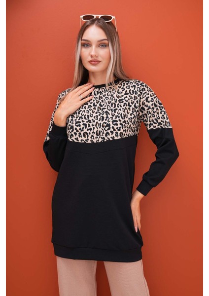 Kadın Üstü Leopar Desenli Iki Iplik Tunik Sweatshirt 245113 -
