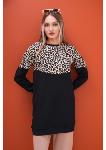 Kadın Üstü Leopar Desenli Iki Iplik Tunik Sweatshirt 245113 - fırsatları