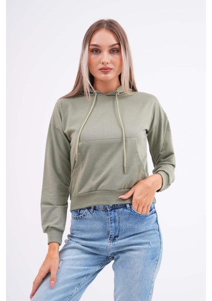 Kadın Kanguru Cepli Kapüşon Detaylı Iki Iplik Kısa Sweatshirt 245123 -