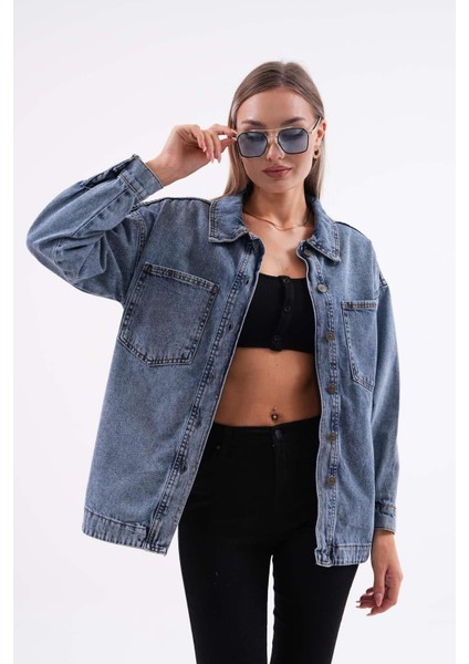 Kadın Çift Cep Detaylı Düğme Kapamalı Kot Ceket 245240 -