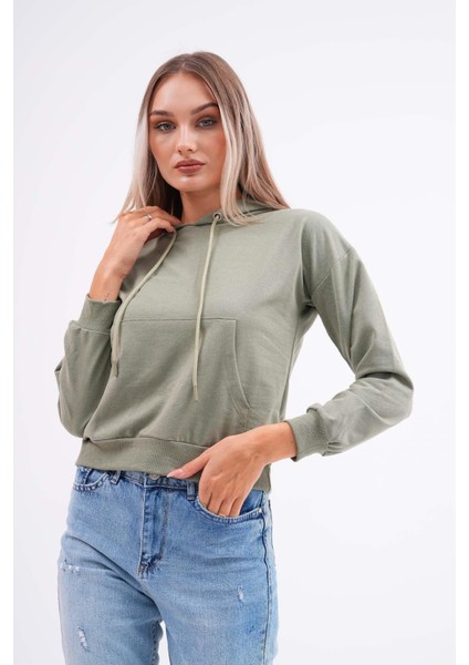 Kadın Kanguru Cepli Kapüşon Detaylı Iki Iplik Kısa Sweatshirt 245123 - fiyatları