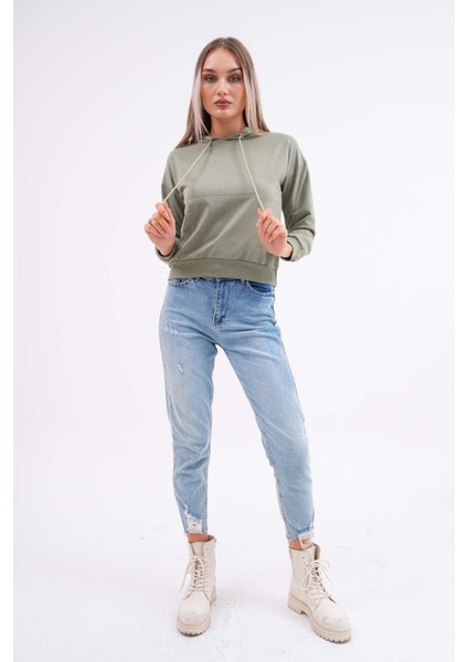 Kadın Kanguru Cepli Kapüşon Detaylı Iki Iplik Kısa Sweatshirt 245123 - fırsatları