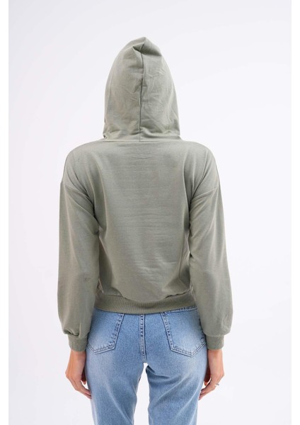 Kadın Kanguru Cepli Kapüşon Detaylı Iki Iplik Kısa Sweatshirt 245123 - indirimleri