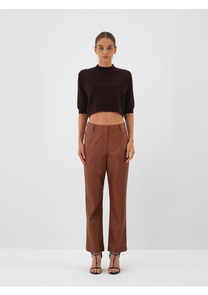 Kadın Kahverengi Doğal Yün Dokulu Oversize Kazak