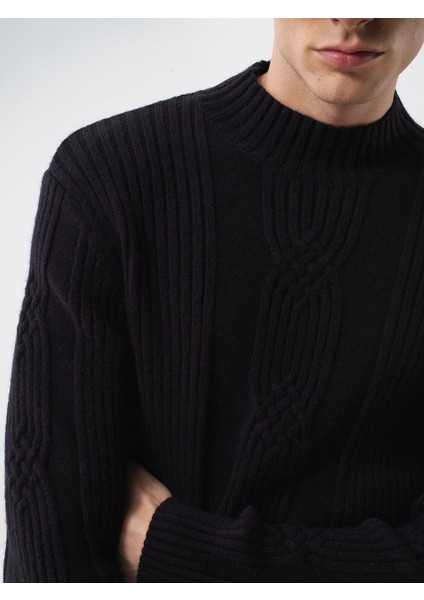 Erkek Siyah Doğal Yün Dokulu Regular Fit Kazak fiyatları