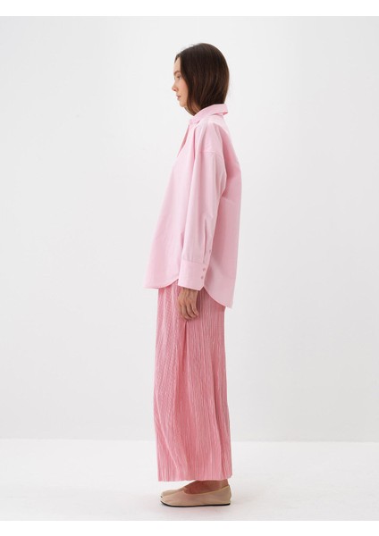 Kadın Pembe Pamuk Dokulu Oversize Gömlek modelleri
