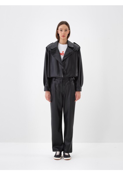 Kadın Siyah Deri Görünümlü Oversize Ceket