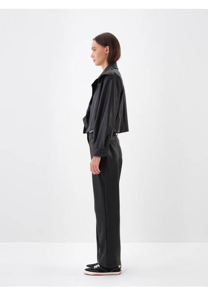 Kadın Siyah Deri Görünümlü Oversize Ceket modelleri