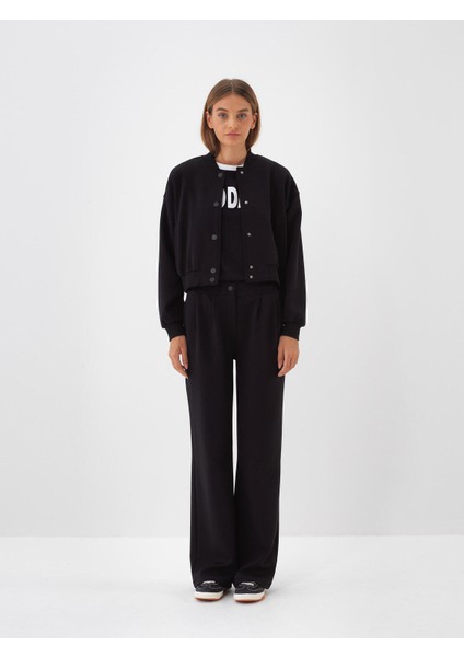 Kadın Siyah Pamuk Dokulu Oversize Sweatmont