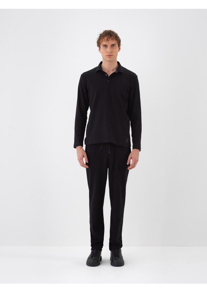 Erkek Siyah Pamuk Dokulu Regular Fit Uzun Kollu Tişört