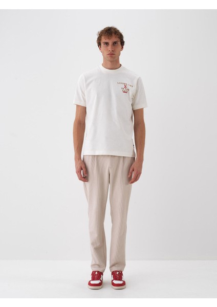 Erkek Ekru Pamuk Dokulu Regular Fit Tişört