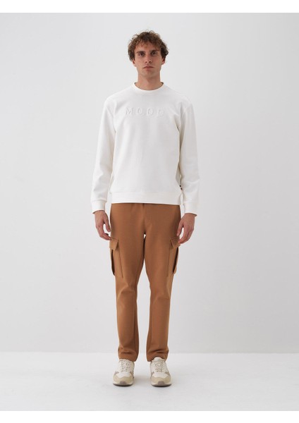 Erkek Ekru Pamuk Dokulu Regular Fit Sweatshirt