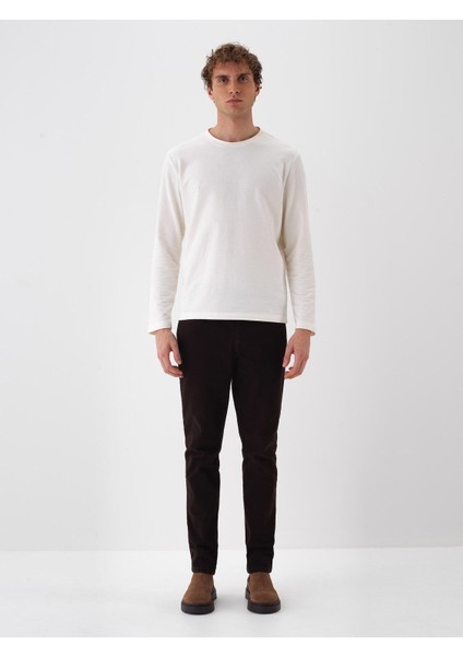 Erkek Ekru Pamuk Dokulu Regular Fit Uzun Kollu Tişört
