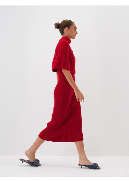 Kadın Kırmızı Doğal Yün Dokulu Regular Fit Elbise fiyatları