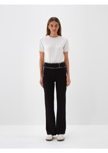 Kadın Siyah Doğal Yün Dokulu Regular Fit Pantolon