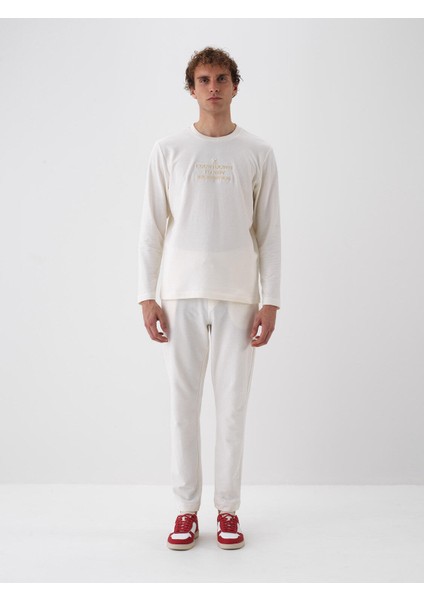 Erkek Ekru Pamuk Dokulu Regular Fit Uzun Kollu Tişört
