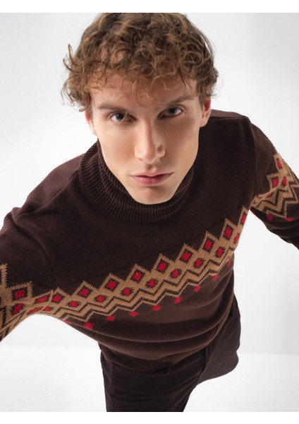 Erkek Kahverengi Doğal Yün Dokulu Regular Fit Kazak fiyatları