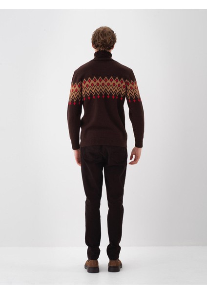 Erkek Kahverengi Doğal Yün Dokulu Regular Fit Kazak fırsatları