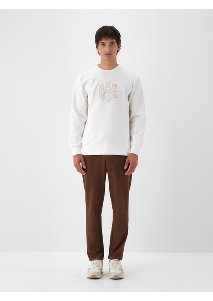 Erkek Ekru Pamuk Dokulu Regular Fit Sweatshirt