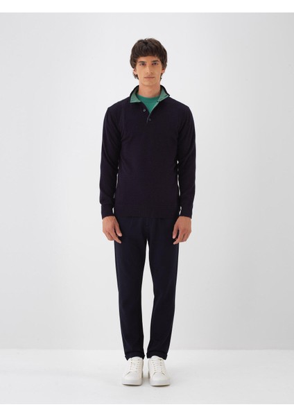 Erkek Lacivert Doğal Yün Dokulu Regular Fit Kazak