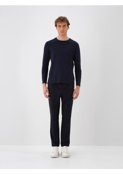 Erkek Lacivert Modal Dokulu Slim Fit Uzun Kollu Tişört