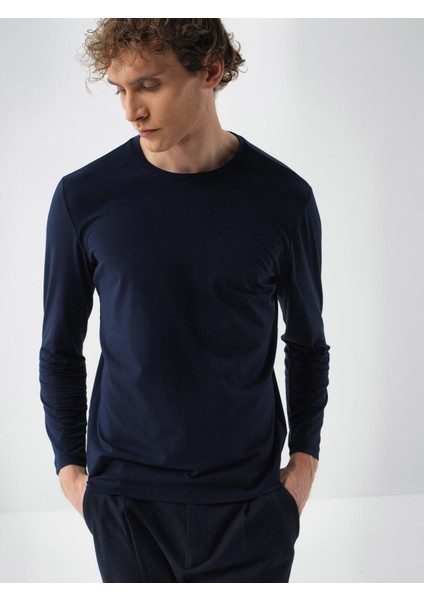 Erkek Lacivert Modal Dokulu Slim Fit Uzun Kollu Tişört fiyatları