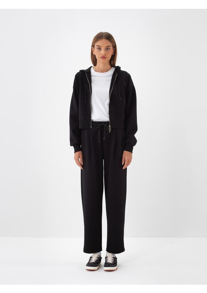 Kadın Siyah Pamuk Dokulu Oversize Sweatmont