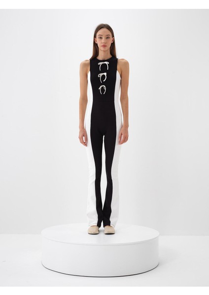 Kadın Siyah Pamuk Dokulu Slim Fit Tulum