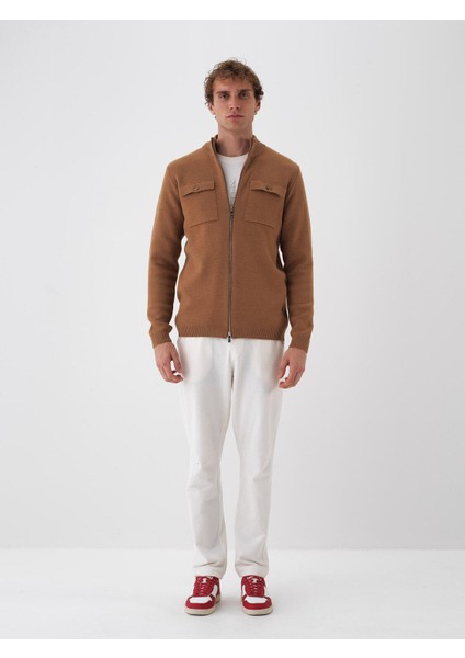 Erkek Camel Doğal Yün Dokulu Regular Fit Hırka