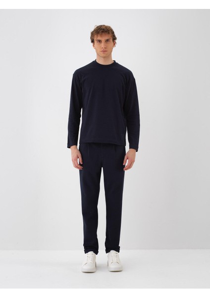 Erkek Lacivert Pamuk Dokulu Regular Fit Uzun Kollu Tişört