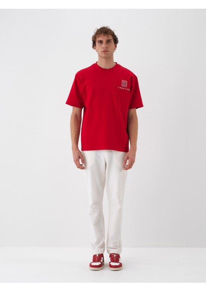 Erkek Kırmızı Pamuk Dokulu Oversize Tişört